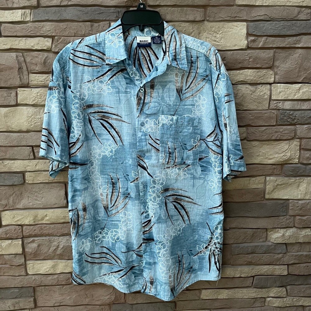 Basic Concepts Hawaiian Aloha Floral Button Up Shirt Men's Size Medium EUC